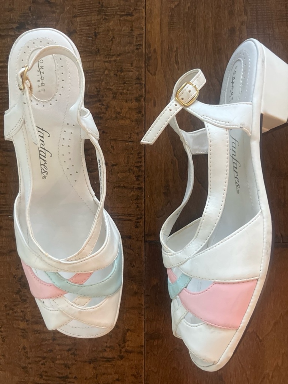 Vintage 1980’s Fanfares color block pastel pink and blue open toe slingbacks